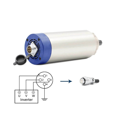 Beefy 1.5kW ER11 Air Cooled CNC Spindle, 80mm Diameter, 24,000 RPM, aluminum body, connector view with wiring diagram