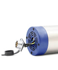 Beefy 1.5kW ER11 Air Cooled CNC Spindle, aluminum body, blue end cap, close-up of power connector, 80mm diameter, 24,000 RPM