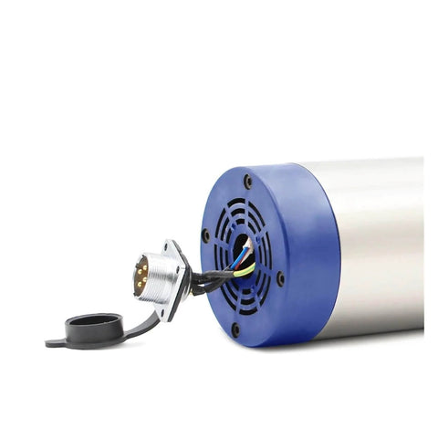 Beefy 1.5kW ER11 Air Cooled CNC Spindle, aluminum body, blue end cap, close-up of power connector, 80mm diameter, 24,000 RPM