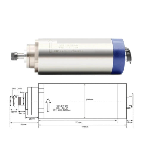 Beefy 1.5kW ER11 Air Cooled CNC Spindle, 80mm Diameter, 24,000 RPM, aluminum body with technical diagram and measurements.