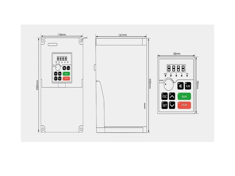 Dimensions of 4kW 220V frequency drive for Beefy 3.5kW ER25 Spindle Kit with operation buttons and digital display