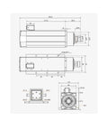 Technical drawing of Beefy 3.5kW ER25 Spindle Kit with 4 Ceramic Bearings, square spindle, ER25 collets, and a 4kW 220V frequency drive, 300Hz.