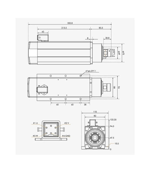 Technical drawing of Beefy 3.5kW ER25 Spindle Kit with 4 Ceramic Bearings, square spindle, ER25 collets, and a 4kW 220V frequency drive, 300Hz.