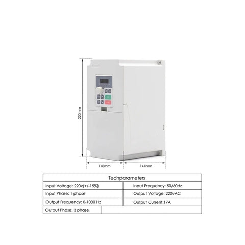 Dimensions and tech specs of 4kW 220V frequency drive from Beefy 3.5kW ER25 Spindle Kit with square spindle, ER25 collets, 300Hz.