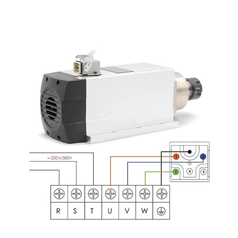Beefy 4.5kW ER32 air cooled CNC spindle motor 220V and 380V, square spindle with ceramic ball bearings, wiring diagram included
