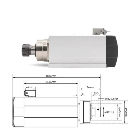 Side view of Beefy 4.5kW ER32 Air Cooled CNC Spindle Motor 220V And 380V Square Spindle with technical dimensions, ceramic ball bearings