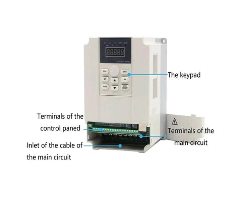 3.5kW ER20 air cooled spindle motor CNC machines 220V 380V frequency drive unit with labeled components, showing terminals and keypad.