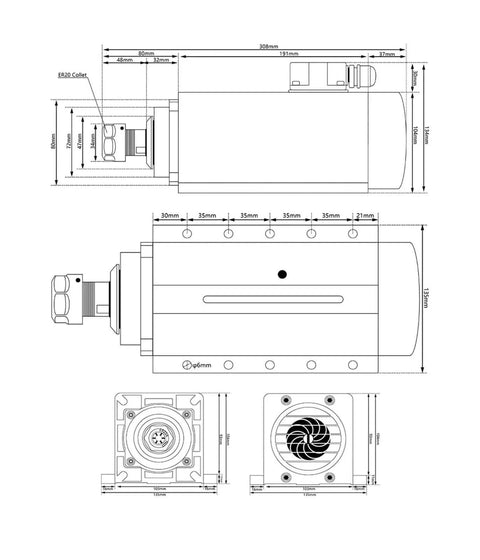 Technical diagram of 3.5kW ER20 Air Cooled Spindle Motor For CNC Machines 220V 380V, showing dimensions and design details.