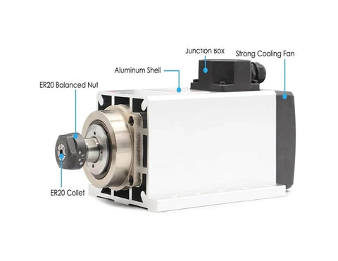 3.5kW ER20 Air Cooled Spindle Motor For CNC Machines 220V 380V showing ER20 collet, cooling fan, and aluminum shell