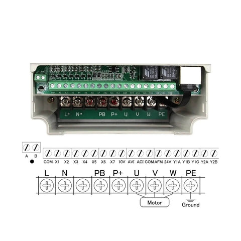 Close-up of 3.5kW ER20 Air Cooled Spindle Motor control board for CNC Machines 220V 380V dual voltage setup with terminal labels.