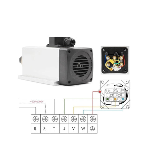 3.5kW ER20 Air Cooled Spindle Motor For CNC Machines 220V 380V Dual Voltage with wiring diagram detail view.