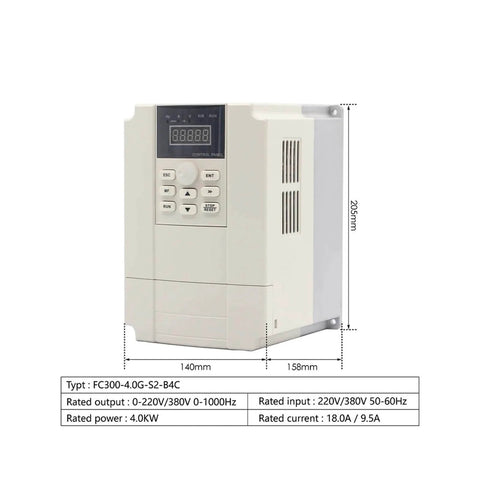 4.0kW frequency drive for 3.5kW ER20 Air Cooled Spindle Motor, showing dimensions and control panel for CNC machines.