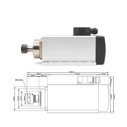 3.5kW ER20 Air Cooled Spindle Motor For CNC Machines 220V 380V Dual Voltage with technical drawing and measurements