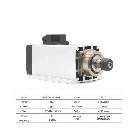 3.5kW ER20 Air Cooled Spindle Motor For CNC Machines 220V 380V Dual Voltage High Speed Spindle with bearings and frequency drive.