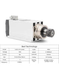 Powerful 4.5kW ER32 Air Cooled Spindle Motor 220V And 380V With Square Spindle, 0.01mm Runout, shown with technical specifications
