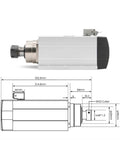 Powerful 4.5kW ER32 air-cooled spindle motor with square spindle, 0.01mm runout, diagram and side view, for CNC routers, dual voltage
