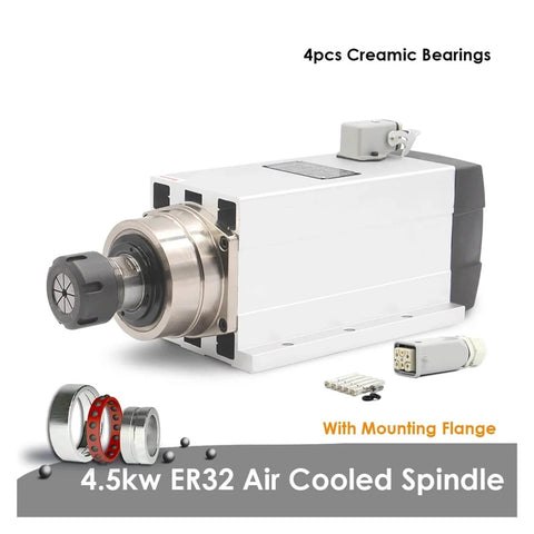 Powerful 4.5kW ER32 Air Cooled Spindle Motor 220V and 380V with Square Spindle, 0.01mm Runout, for CNC Routers and Machining