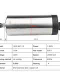 Air Cooled Milling Spindle 220V 1.5KW 80mm ER11 Router Motor specifications with four bearings, 24000 RPM, stainless steel body