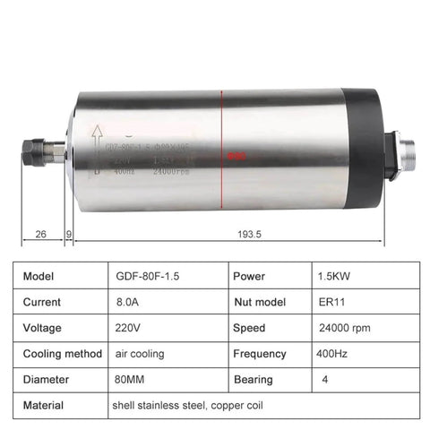 Air Cooled Milling Spindle 220V 1.5KW 80mm ER11 Router Motor specifications with four bearings, 24000 RPM, stainless steel body