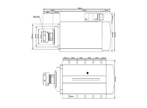 Technical drawing of Beefy Air Cooled Spindle Motor 3KW ER20 With Ultra Low Runout 0.01mm, featuring precise measurements and dimensions.