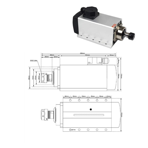 Beefy Air Cooled Spindle Motor 3KW ER20 With Ultra Low Runout 0.01mm showing design dimensions and details