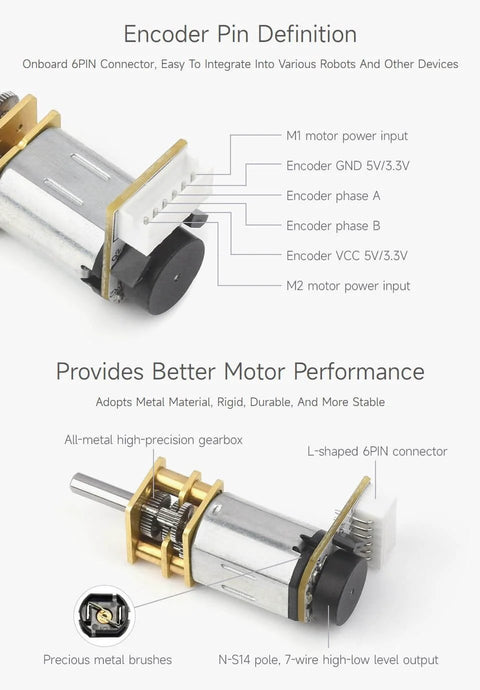 N20 DC Gear Motor with All Metal Gearbox and Magnetic Hall Encoder, features L-shaped 6-pin connector, ideal for precision tasks.