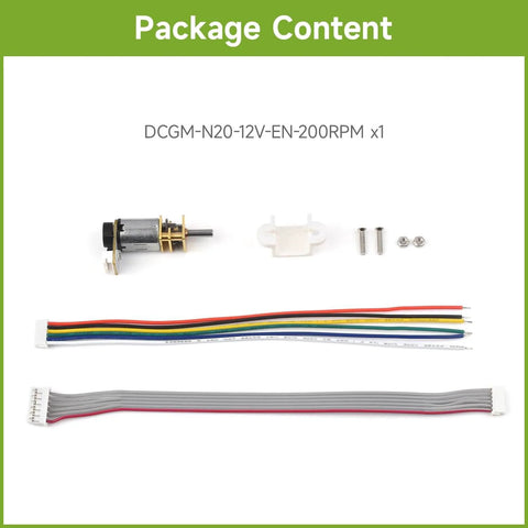 Package contents of N20 DC Gear Motor with all metal gearbox, magnetic Hall encoder, L shaped 6 pin connector for robots.
