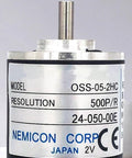 Close-up of 052HC Photoelectric Rotary Encoder showing model OSS-05-2HC with high resolution for motion sensing in robotics and CNC.