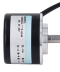 Close-up of a Two-Phase Incremental Rotary Encoder with 1200/2000PR, DC 5V-24V, 50mm OD, PNP Output for precision automation.