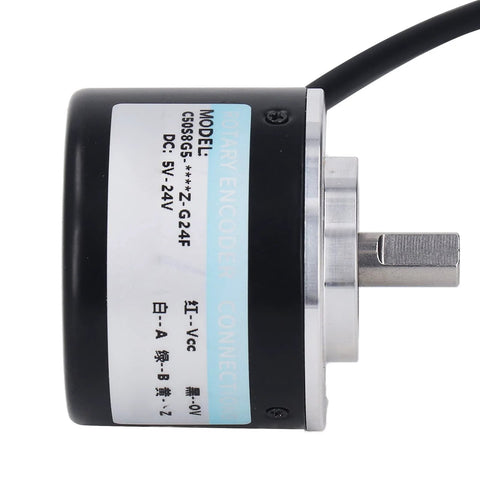 Close-up of a Two-Phase Incremental Rotary Encoder with 1200/2000PR, DC 5V-24V, 50mm OD, PNP Output for precision automation.