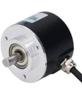 Two-Phase Incremental Rotary Encoder With 1200/2000PR, DC 5V-24V, 50mm OD, PNP Output, shown in black and silver metal casing