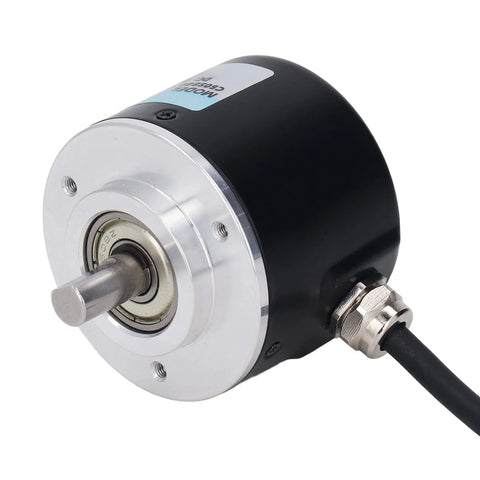 Two-Phase Incremental Rotary Encoder With 1200/2000PR, DC 5V-24V, 50mm OD, PNP Output, shown in black and silver metal casing
