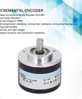 Two-Phase Incremental Rotary Encoder With 1200/2000PR, DC 5V-24V, 50mm OD, PNP Output, shown with gray cylindrical design and model details