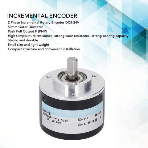 Two-Phase Incremental Rotary Encoder With 1200/2000PR, DC 5V-24V, 50mm OD, PNP Output, shown with gray cylindrical design and model details