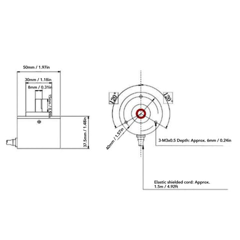 Technical schematic of Two-Phase Incremental Rotary Encoder With 1200/2000PR, showing dimensions and connector details.