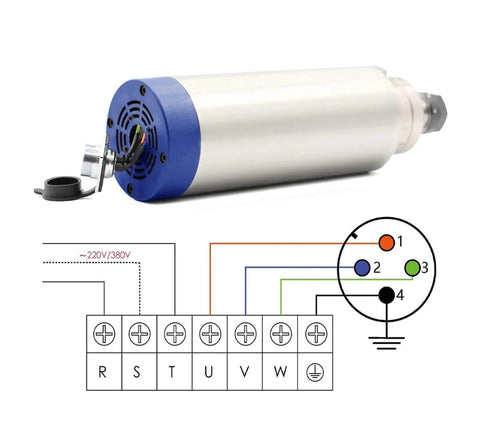 Air Cooled Spindle Motor 2.2KW ER20 With Beefed Up Ceramic Ball Bearings and wiring diagram for installation.