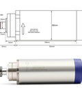 Air Cooled Spindle Motor 2.2KW ER20 with ceramic ball bearings and stable torque, side view with detailed measurements diagram.