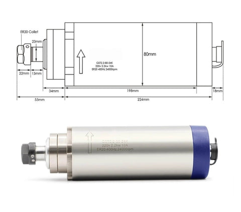 Air Cooled Spindle Motor 2.2KW ER20 with ceramic ball bearings and stable torque, side view with detailed measurements diagram.