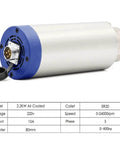 Air Cooled Spindle Motor 2.2KW ER20 with ceramic bearings, showing power specs and compact design, ideal for CNC and milling.
