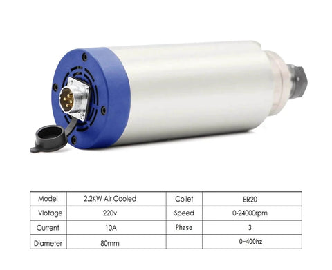 Air Cooled Spindle Motor 2.2KW ER20 with ceramic bearings, showing power specs and compact design, ideal for CNC and milling.