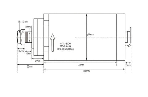 Technical drawing of CNC Milling Spindle 1.5kW ER16 Water Cooled 0-24000 RPM 400Hz High Speed Spindle, dimensions and specifications detailed.