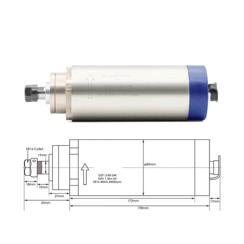 CNC Milling Spindle 1.5kW ER16 Water Cooled 0-24000 RPM 400Hz High Speed Spindle With 4 Bearings 0.01mm Runout 380V diagram view