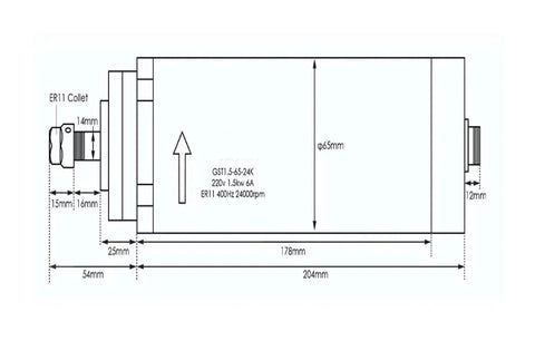 Technical drawing of Beefed Up 1.5kW ER11 CNC Spindle, Air Cooled, 24,000 RPM, 65x204mm Shaft, Four Bearing System, 220V 400Hz