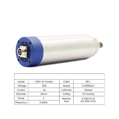 Beefed Up 1.5kW ER11 CNC Spindle, Air Cooled, 24,000 RPM, 65x204mm shaft, with chart of specifications, 220V 400Hz High Speed Spindle