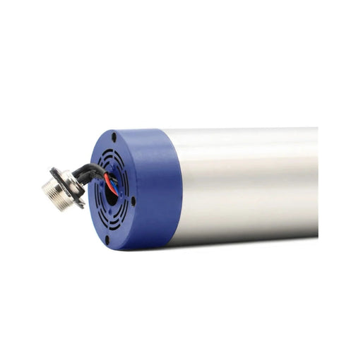 Beefed Up 1.5kW ER11 CNC Spindle, Air Cooled, 24,000 RPM, 65x204mm Shaft, side view showing connection port and blue end cap