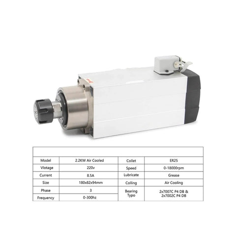 2.2kW ER25 CNC Spindle with 18000 RPM and 300 Hz, air cooled, four ceramic ball bearings, square mount, side view