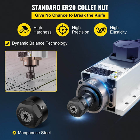 2.2KW CNC Spindle Motor With ER20 Collet Square Air Cooled High Speed CNC Router Spindle Four Bearing Upgrade