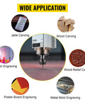 2.2KW CNC Spindle Motor With ER20 Collet showing applications in jade, wood, acrylic, poster board, and metal engraving