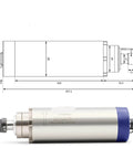 Air Cooling Spindle Motor 2.2kW ER20, 80mm Body, shown with schematic and specifications for precision engraving and milling