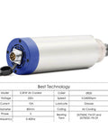Air Cooling Spindle Motor 2.2kW ER20, 80mm Body shown with specs table highlighting 400Hz high speed and ceramic bearings for CNC tools